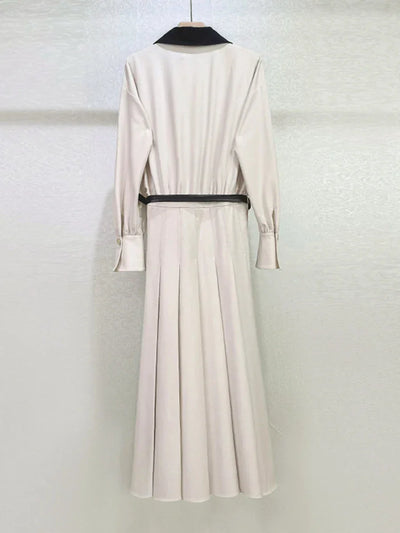 VGH Designer Slimming Hit Color Spliced Belt Long Dresses For Women Lapel Long Sleeve High Waist Temperament Dress Female New