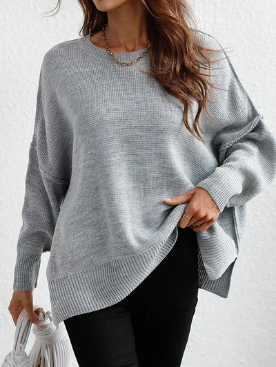 Fashion Oversized Sweaters For Women 2025 Autumn Loose O Neck Knit Sweater With Split Pull Knitted Pullover Women Oversize Grey