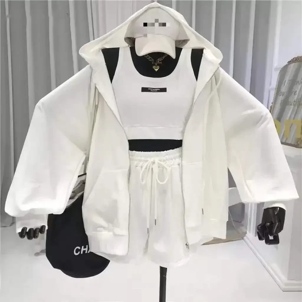 Casual Shorts Three 3 Piece Sets Women Vest Drawstring Shorts Hooded Zipper Jacket Sportswear Suits Female Solid Sports Hoodie