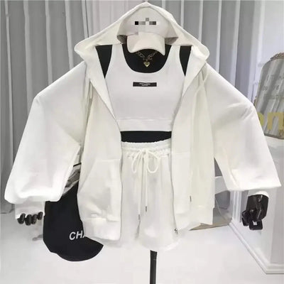 Casual Shorts Three 3 Piece Sets Women Vest Drawstring Shorts Hooded Zipper Jacket Sportswear Suits Female Solid Sports Hoodie