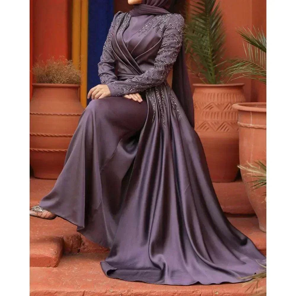 Luxury dubai women evening dresses long sleeve high neck appliques sequine chapel train pleat gowns formal occasion