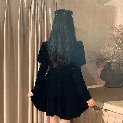 Fashion Velvet Black Dress for Women Fall Winter Elegant Hepburn Style Casual Mini Dress Y2K Streetwear Long Sleeve Puff Vestido