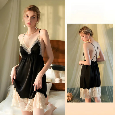 Comfortable and soft women's home wear, backless pajamas, halter dresses, lace nightgowns, French elegance