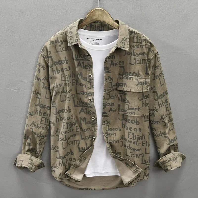 Spring and Autumn New Loose Corduroy Cotton Printed Long Sleeve Shirts for Men Clothing Cargo Letter Retro Big Pocket AZ109