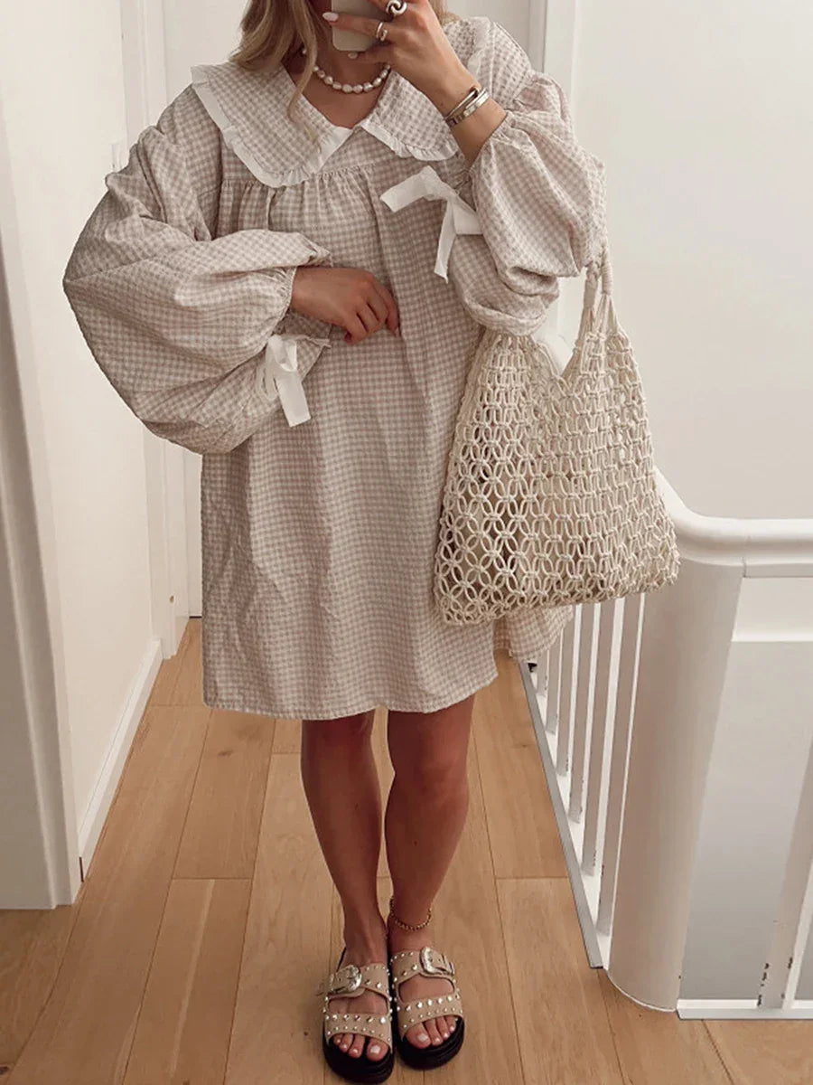 Gaono Women Y2K Gingham Babydoll Dress Puff Long Sleeve Plaid Mini Dress Peter Pan Collar Ruffle Short Dress Streetwear