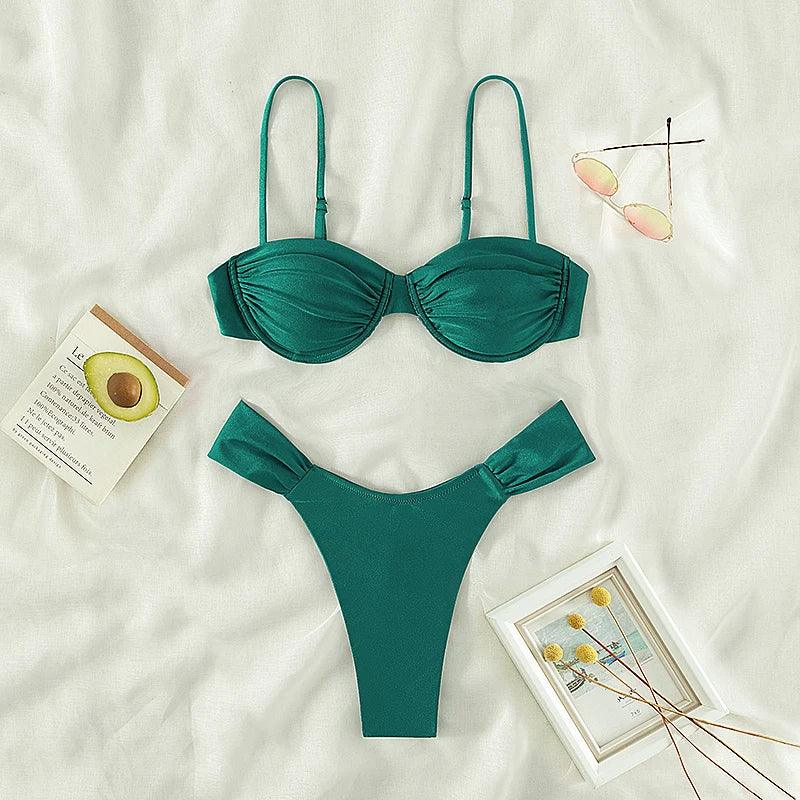 2023 New Swimwear Women Bikini Sets New Sexy Bikini Set Solid Color Sling Pleated Split Swimsuit Women 2 Pieces Micro Bikini Swi