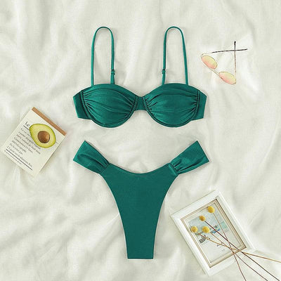 2023 New Swimwear Women Bikini Sets New Sexy Bikini Set Solid Color Sling Pleated Split Swimsuit Women 2 Pieces Micro Bikini Swi