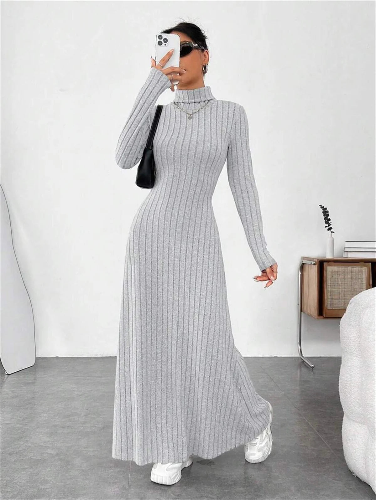 Knitted Elegant Long Sleeve Dress Women 2025 Autumn Winter Vintage Dresses Turtleneck Fashion Solid Vestidos Casual Street Y2K
