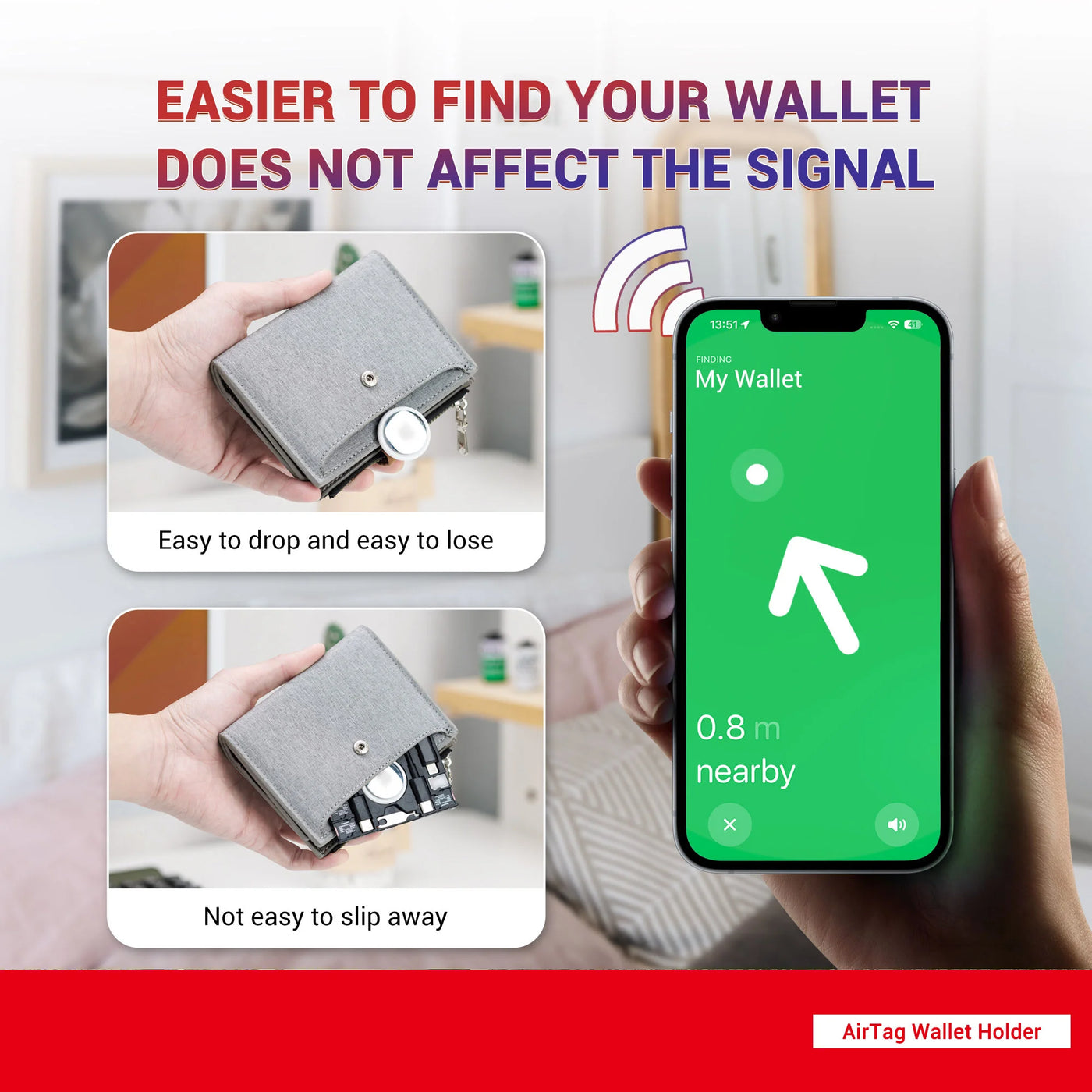 Grey RFID-blocking leather AirTag wallet with USB-C cable storage