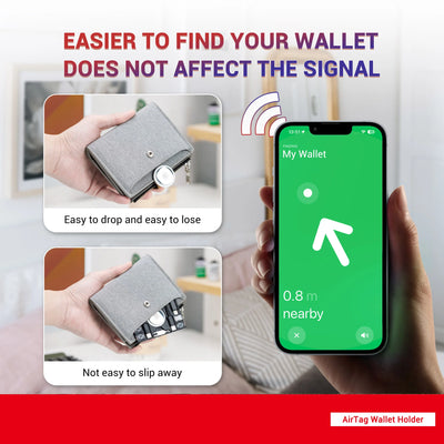 Grey RFID-blocking leather AirTag wallet with USB-C cable storage