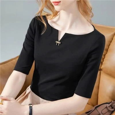 Women V-Neck Short Sleeve brooch Red Tops