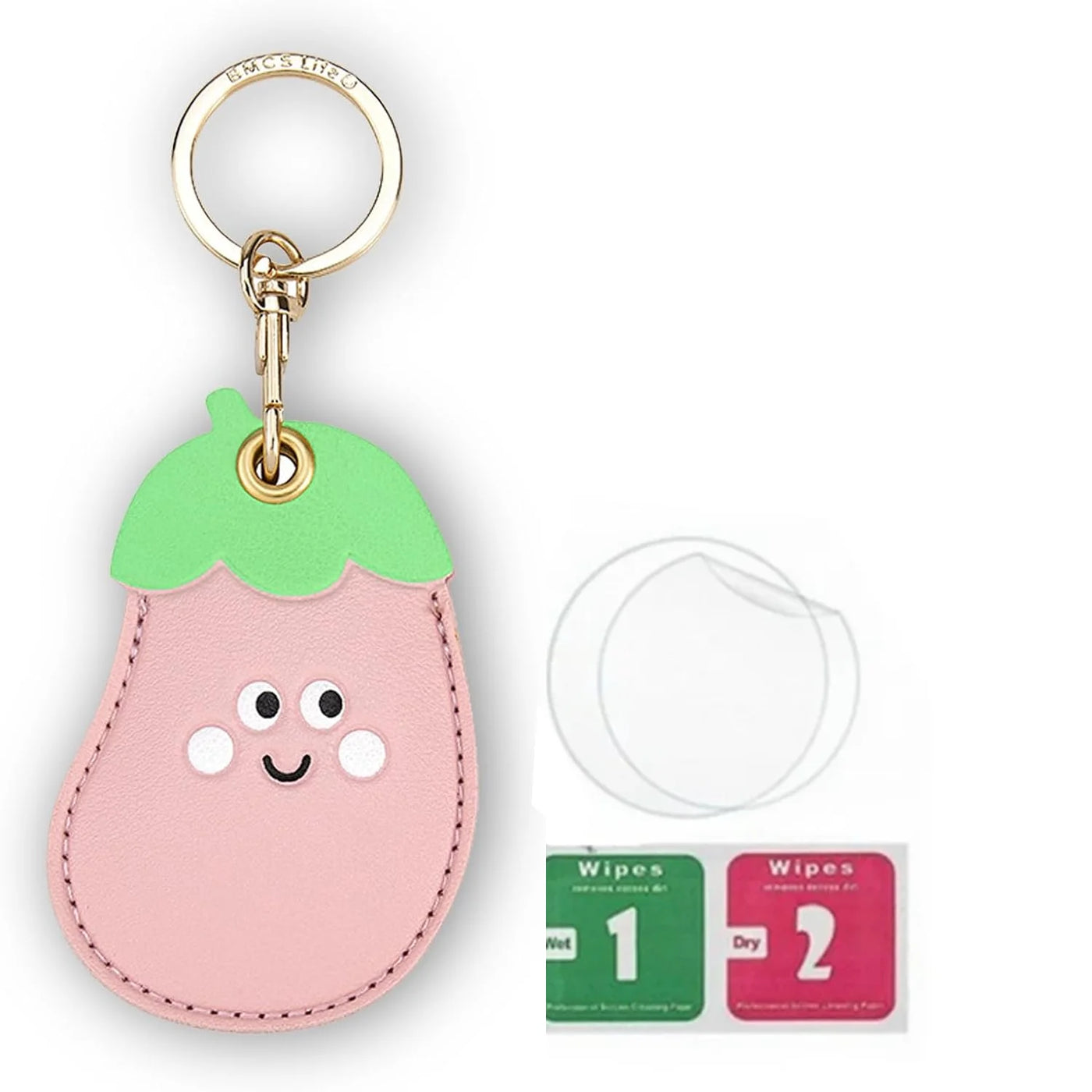 Pink strawberry leather AirTag keychain holder with hand straps and smiling face