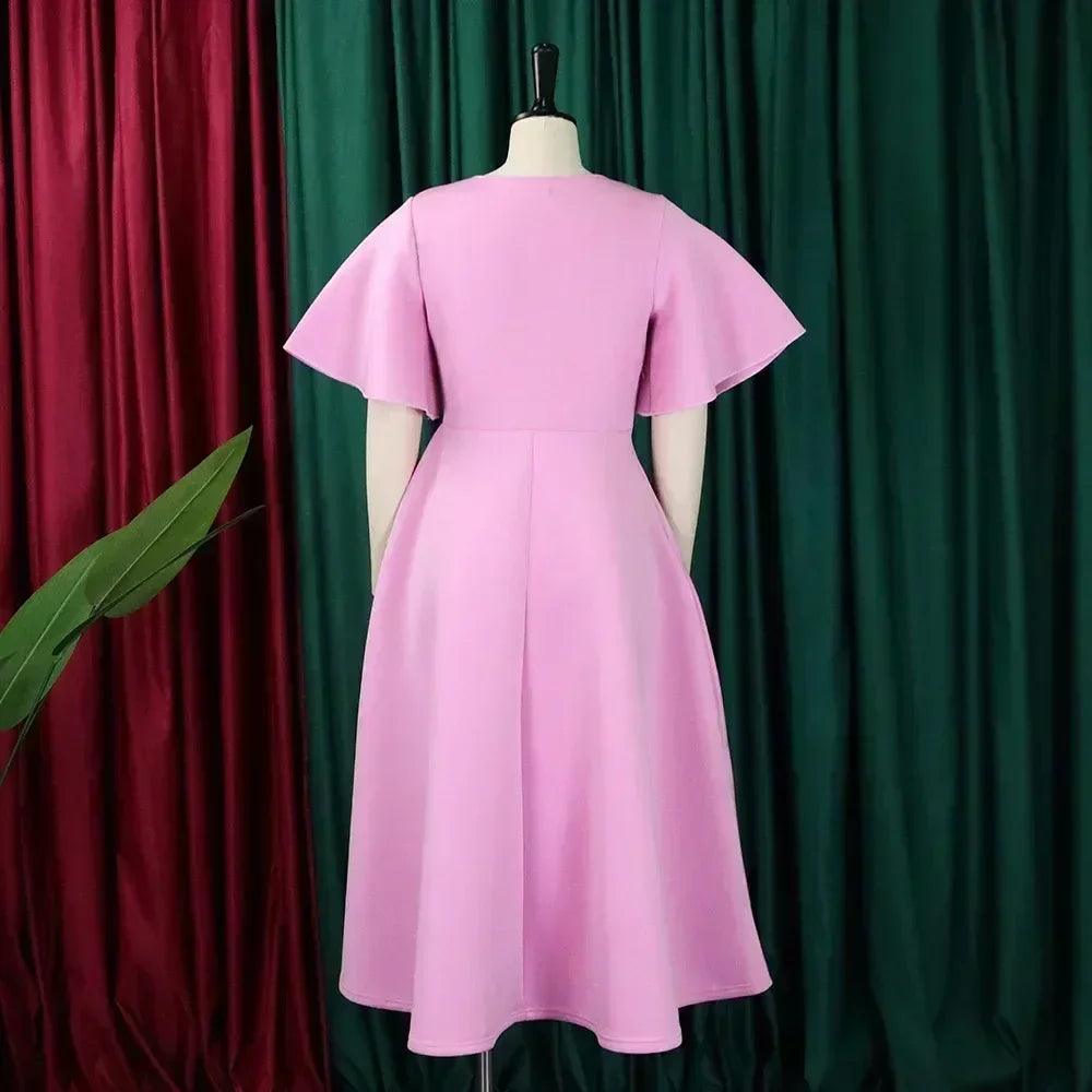 Elegant party dresses for women v neck ruffles sleeve high waisted pleated mid calf luxury birthday dinner vestidos