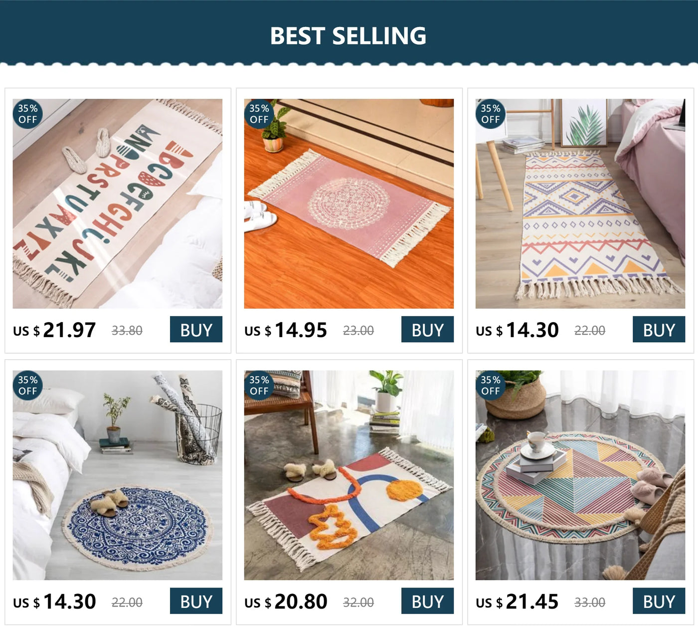 Cotton Cloth Retro Handmade Tassel Rug and Carpet for Home Living Room Tapestry Absorbent Floor Area Mat for Kitchen Boho Decor