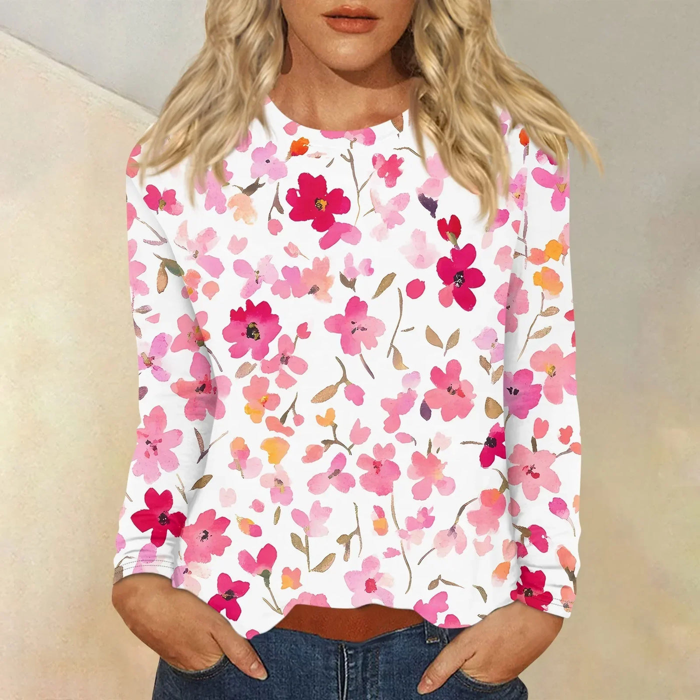 Women's T-Shirts Long-Sleeved Floral Print Round Neck