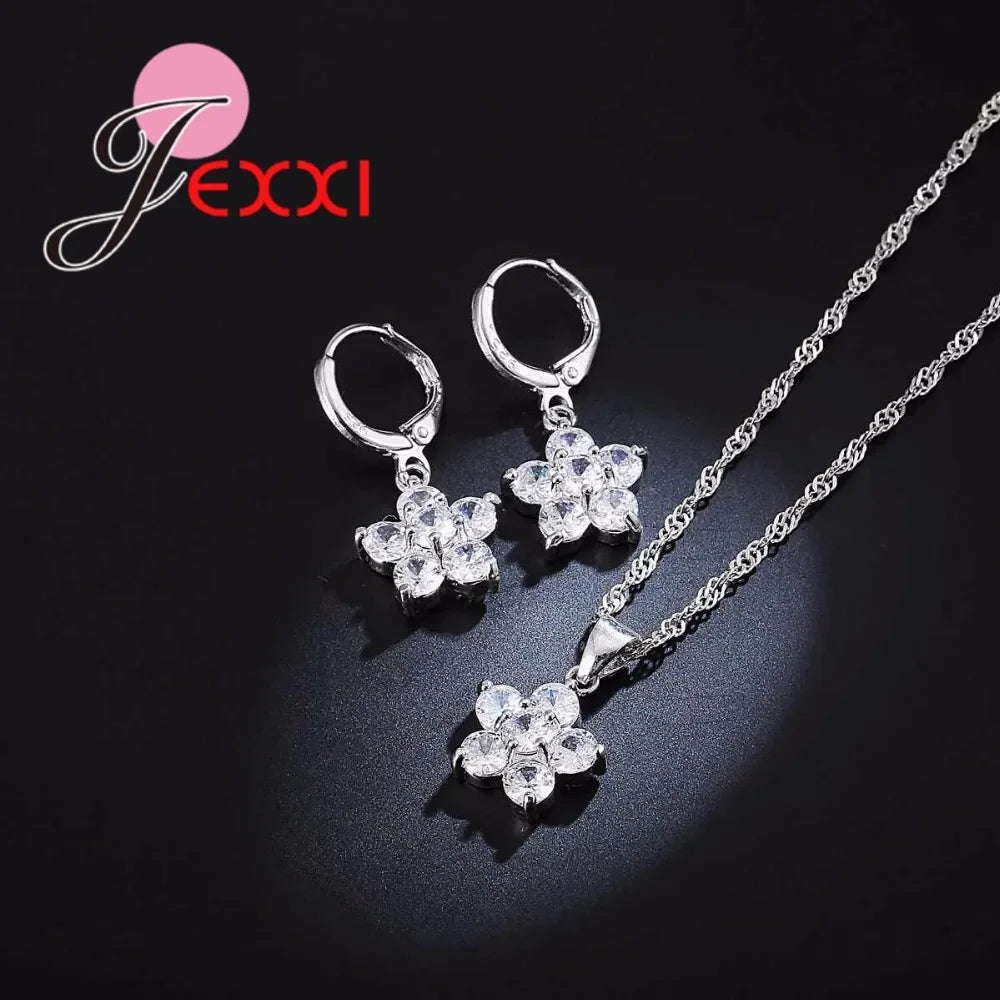 Gorgeous Flower Jewelry Sets Micro Inlaid White Round Crystal 925 Sterling Silver Brand Pendant Necklace/Dangle Earrings