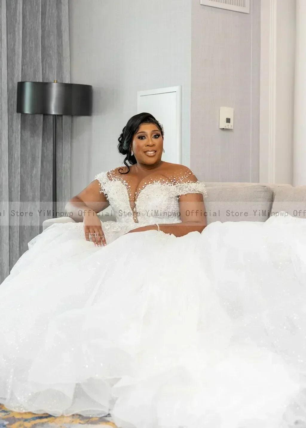 Wedding dresses for bride sheer neck lace up back sequins pearls plus size only
