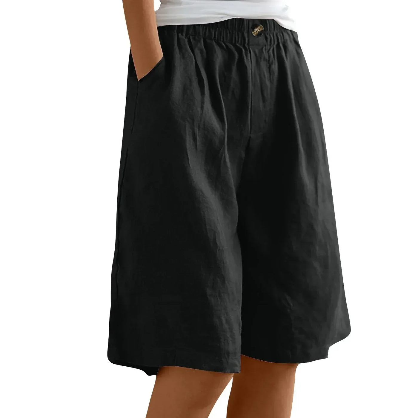 Women's Fashion Solid Color Cotton Linen Shorts - Loose Elastic Waist Capris with Pocket and Button Up Design