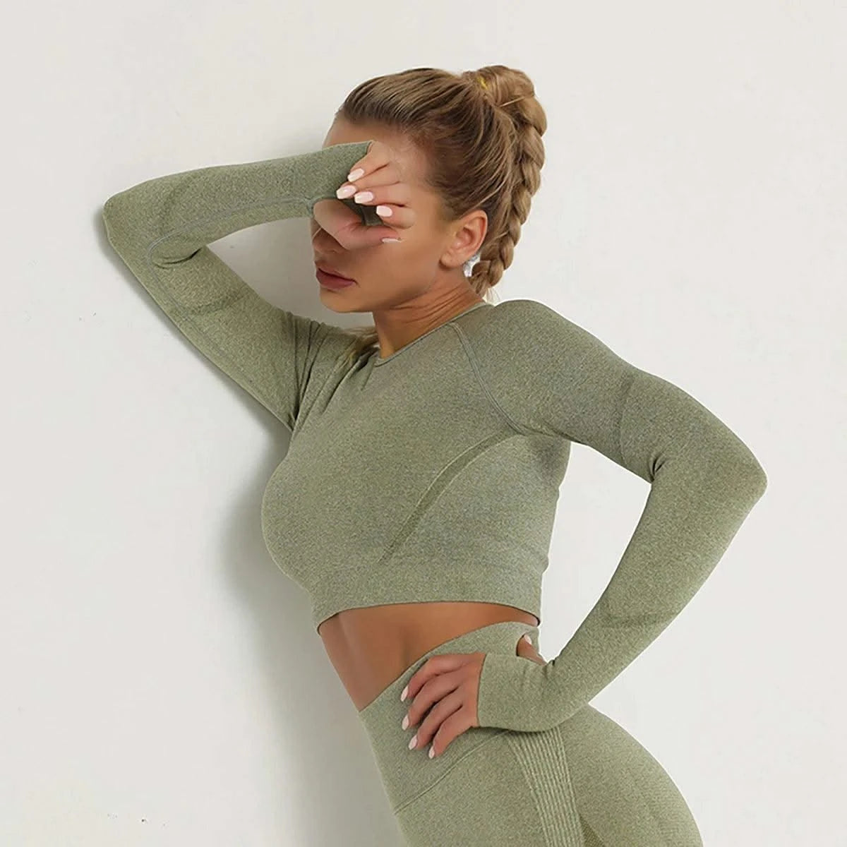 Woman Sports Yoga Top Knitted Shirt Seamless Athletic Crop Top  Long Sleeve