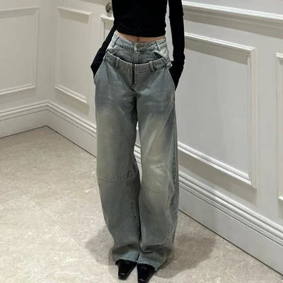 Women's Jeans, Double Waistband Washed Scimitar Work Pants, High Quality Cotton Wide Leg Pants, 2025, Spring, New, y2k