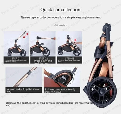 3-in-1 Luxury High-view Baby Stroller with Car Seat Foldable Newborn Baby Stroller PU Leather Two-way Baby Stroller