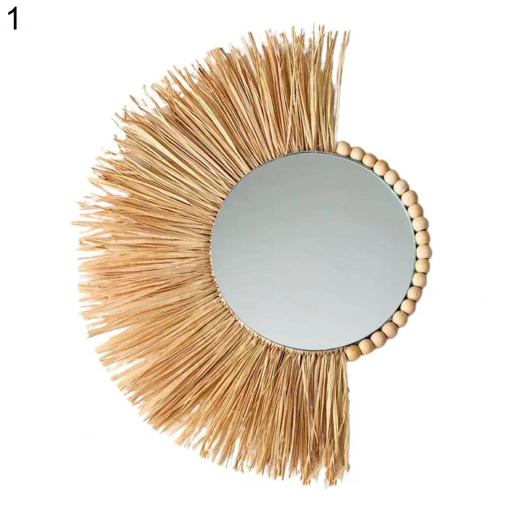 Home decor hanging mirror raffia wood beads acrylic multifunct decorative decorations bedroom wall room