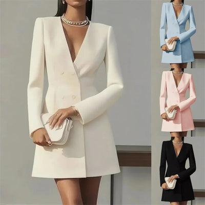 Women French Style Solid Blazers Dress Sexy Low Chest Autumn Streetwear Elegant Fashion Long Sleeve Casual Club Party Dress 2025