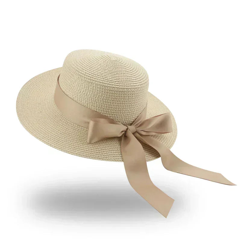 Bucket hat beach summer straw hats for women flat top ribbon bowknot elegant luxury sombreros de mujer