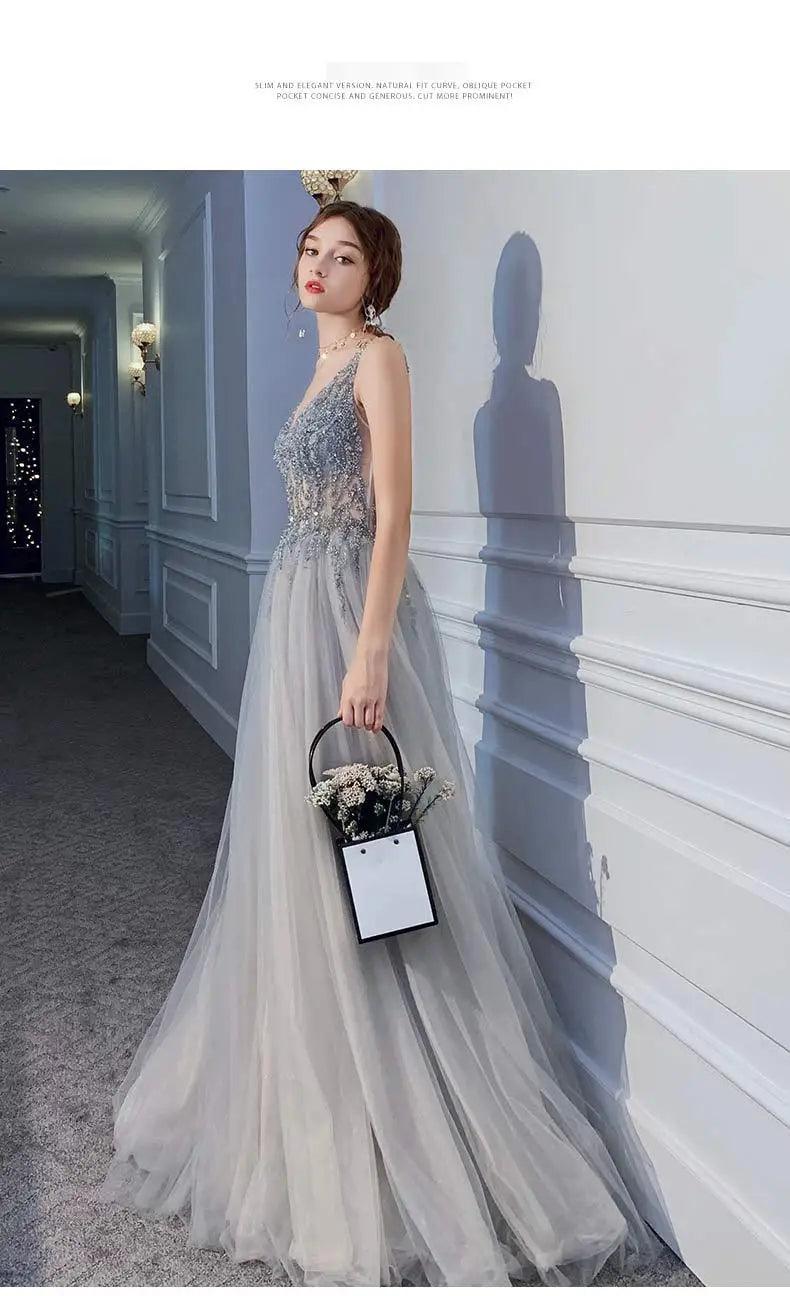 Women’s evening dresses sexy v-neck luxury formal party gown backless beads sequins tulle side split banquet dress