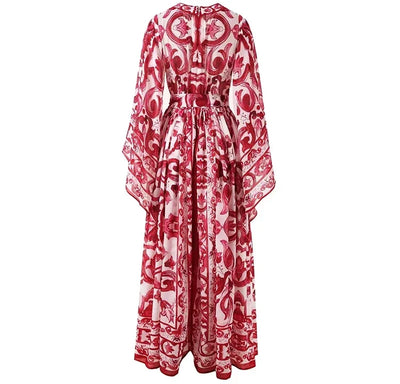 Seifrmann Spring Autumn Designer Women's V-neck Flying sleeve Lace up Print Loose Holiday robe Dresses