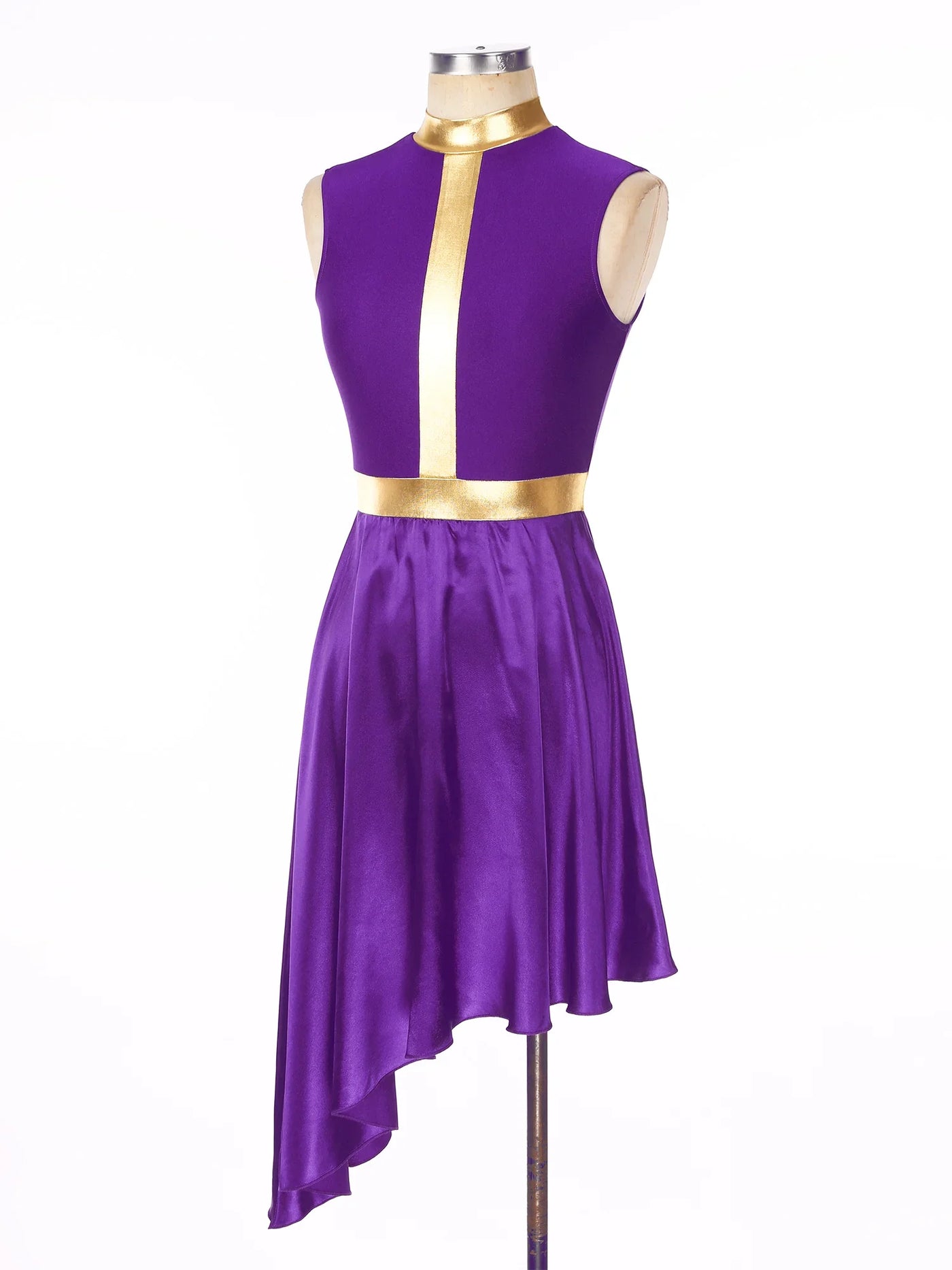 Women Lyrical Dance Dress Color Block Patchwork Invisible Zipper Back Flowy Asymmetrical Hem Sleeveless Dresses Dancewear