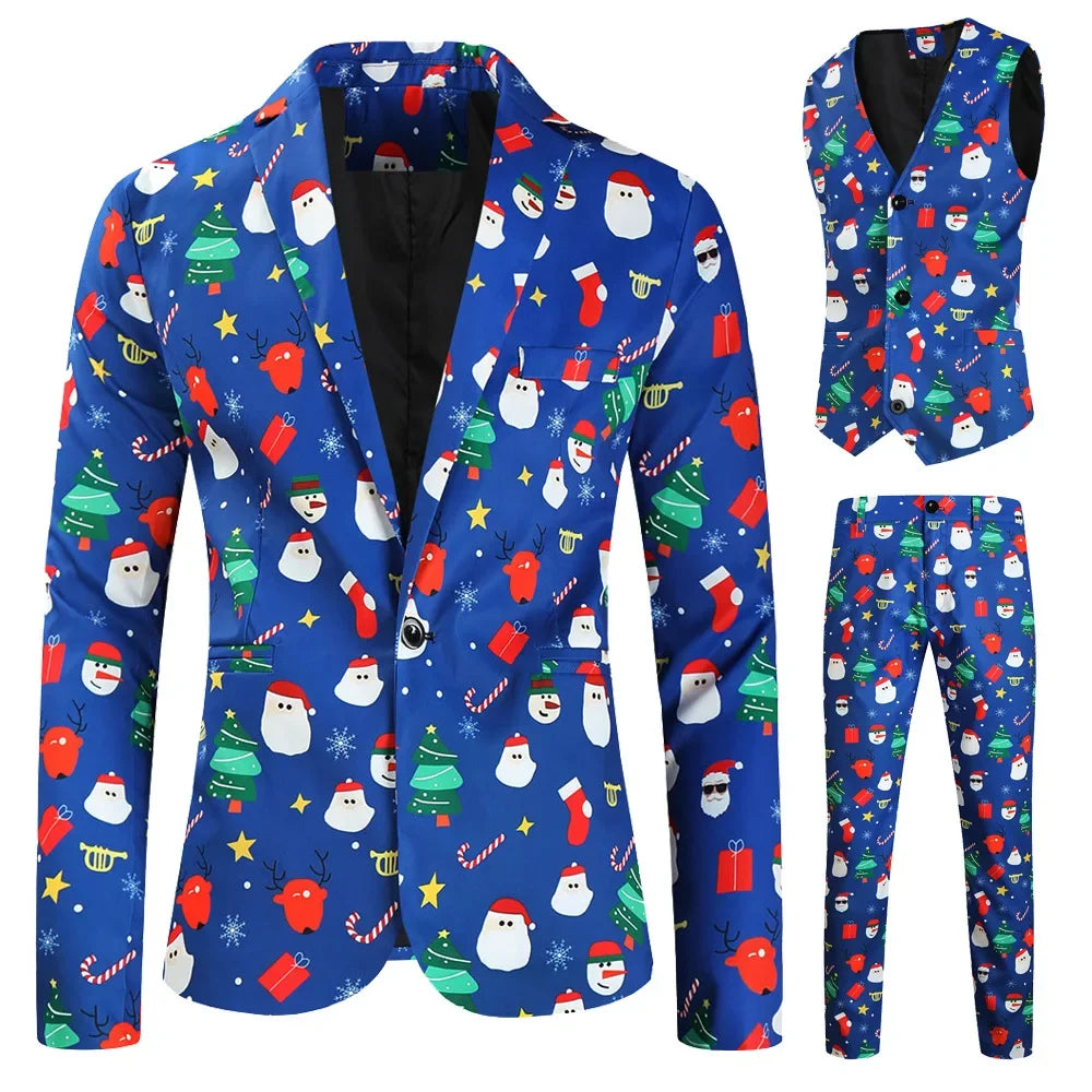 Men's Blazers Sets Rainbow Striped Print Blazers Jacket+Pants+Vest Man three Pieces Sets Prom Party Stage Singer Dancer Costumes