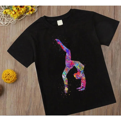 Watercolor Gymnastics Girl Printed Cute Children's T-shirt Children's Black T-shirt Exercise Enthusiast Birthday Gift