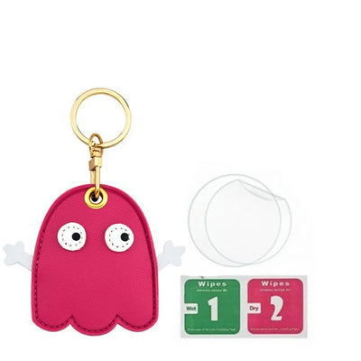 Pink Pac-Man ghost AirTag leather keychain with hand straps and gold hardware