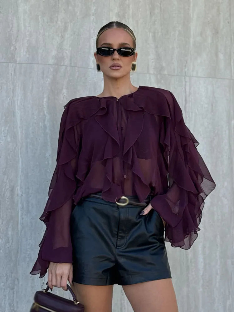 HH Casual Women Ruffles Shirts 2025 Female Loose Lace Up Hollow Out V Neck Semi-Transparent Blouses Spring Lady Clothes