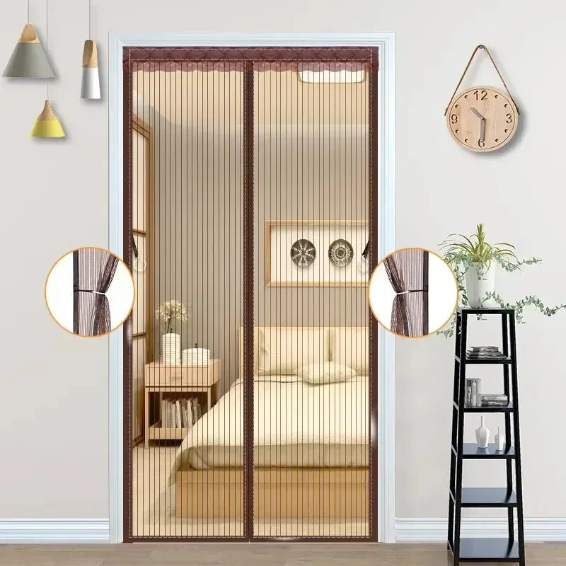 Heavy Duty Magnetic Screen Door Mesh Curtain Mosquito Net Bug Hands Free Partition Mute Striped Door Curtain Bedroom Ventilation