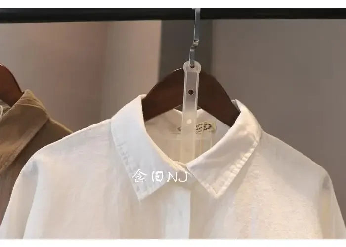 Cotton Linen Women Medium-Length White Polo Shirt