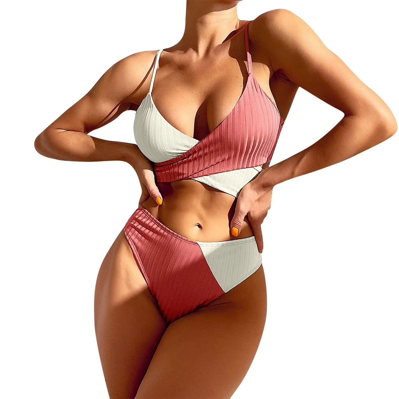 Summer Ladies Sexy High Waist Print Two Piece Bikini Sets Biquini Women Swimsuit Clothing Set Color Block Mujer Swimwear Suits