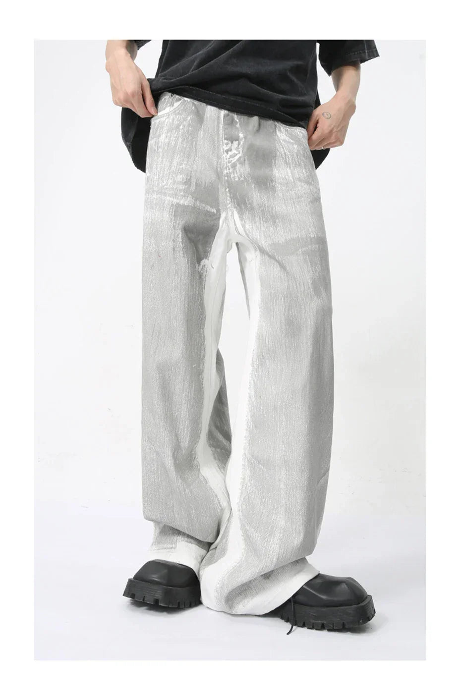 Men's White Baggy Jeans Dirty Printed Grunge Y2K Loose Straight Denim Pants Harajuku Oversized Streetwear Jeans Trousers Male