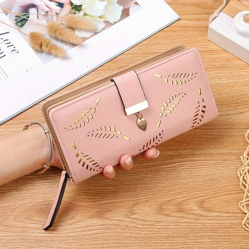 Elegant Women's Wallet With Hollowed-Out Leaf Design, Bifold Long Zippered Clutch, PU Leather Mobile Phone Bag Card Coin Purse