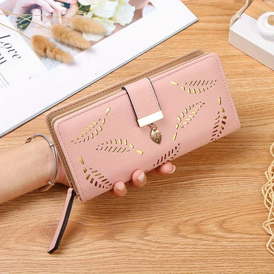 Elegant Women's Wallet With Hollowed-Out Leaf Design, Bifold Long Zippered Clutch, PU Leather Mobile Phone Bag Card Coin Purse