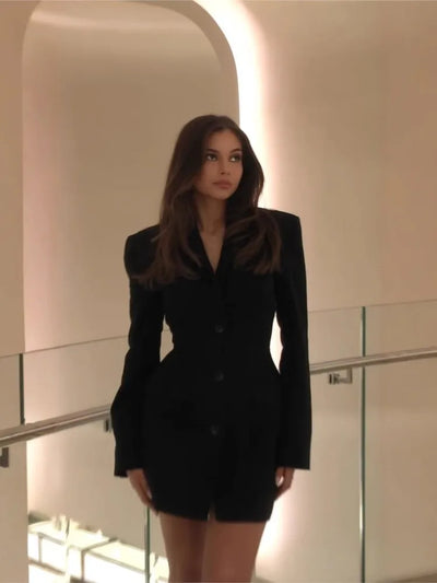 Fashion Black Blazer Mini Dress For Women Elegant V Neck Single-breasted Long Sleeve High Waist Dresses Lady Commute Vestidos