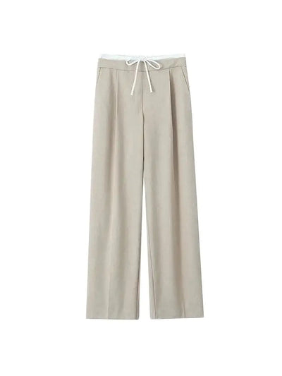 Women's Double Waistband Wide Leg Pants, High Elastic Waist With Drawstring, Side Pockets, Female Trousers, Chic Fashion
