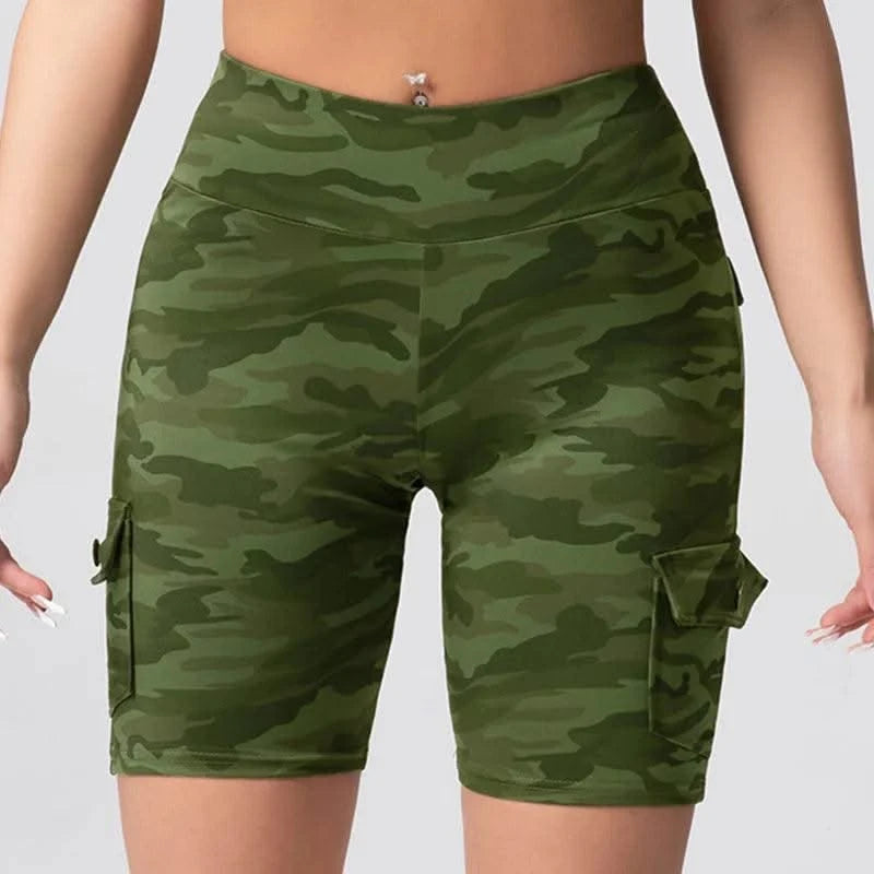 Camouflage Printed Women Shorts with 4 Pockets High Waist Butt Lifting Workout Tights Elastic Breathable Outdoor Running Shorts