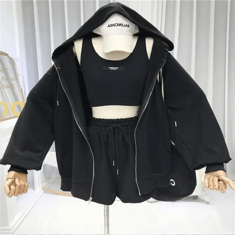 Shorts Three 3 Piece Sets Women Casual Vest Drawstring Short Hooded Zipper Jacket Sportswear Suits Y2k Streetwear Sports Hoodies
