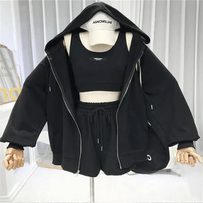 Shorts Three 3 Piece Sets Women Casual Vest Drawstring Short Hooded Zipper Jacket Sportswear Suits Y2k Streetwear Sports Hoodies