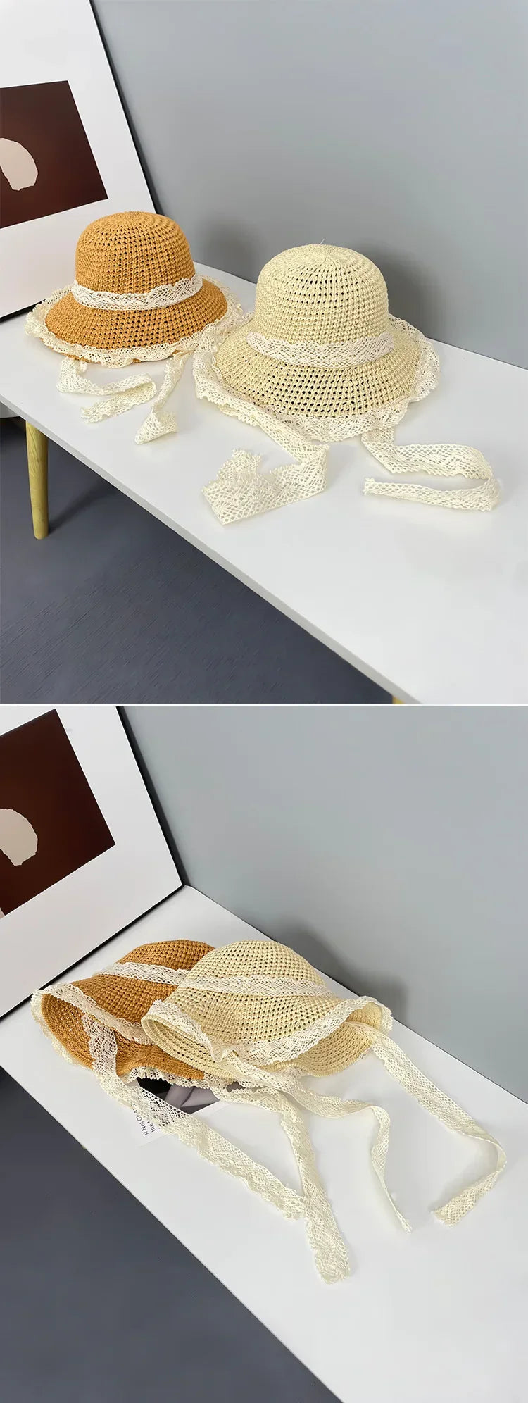 Sunscreen Hat for Women Summer Outdoor Sun Hat Large Brim French Lace Straw Hat Woven Vacation Beach Hat