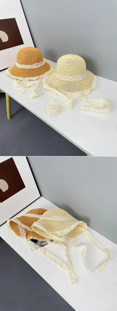 Sunscreen Hat for Women Summer Outdoor Sun Hat Large Brim French Lace Straw Hat Woven Vacation Beach Hat