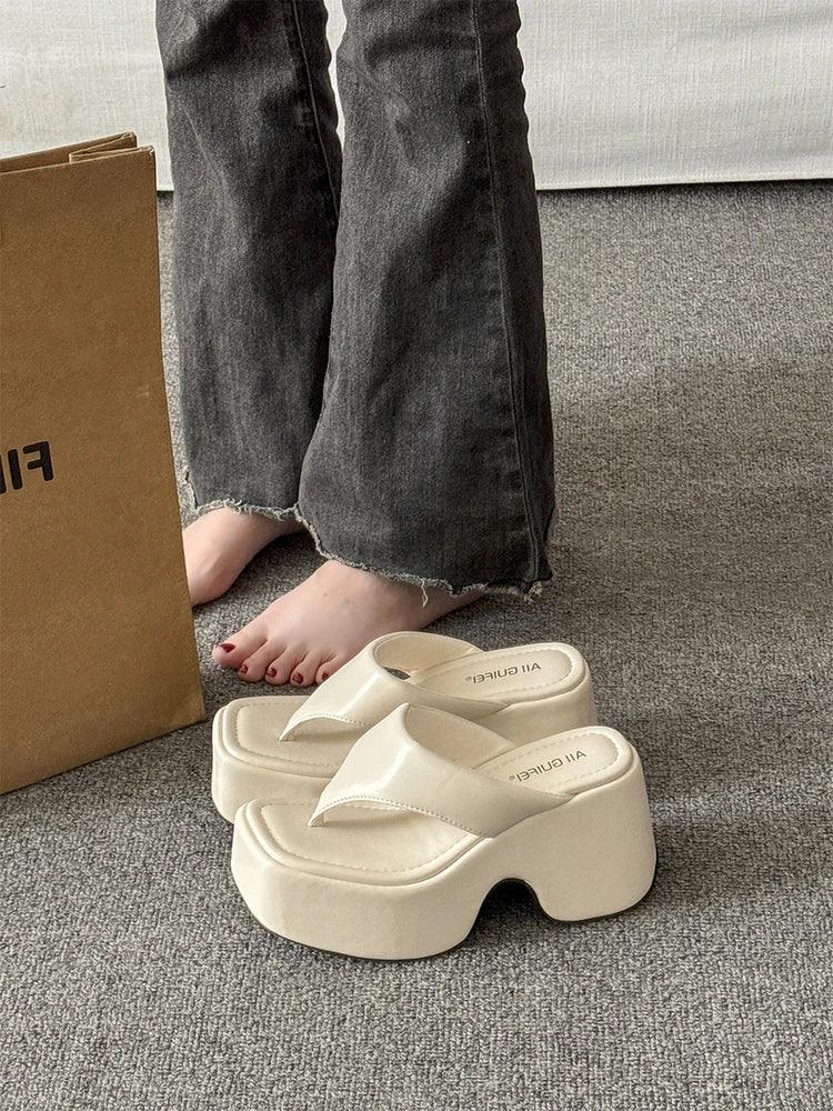 Women's Summer Outdoor Platform Sandals Flip Flops High Heel Thi Bot Clog oes Heightening Slippers Korean Sle PU Mat...