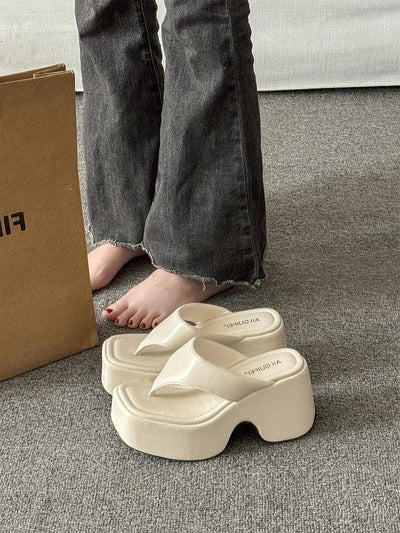 Women's Summer Outdoor Platform Sandals Flip Flops High Heel Thi Bot Clog oes Heightening Slippers Korean Sle PU Mat...
